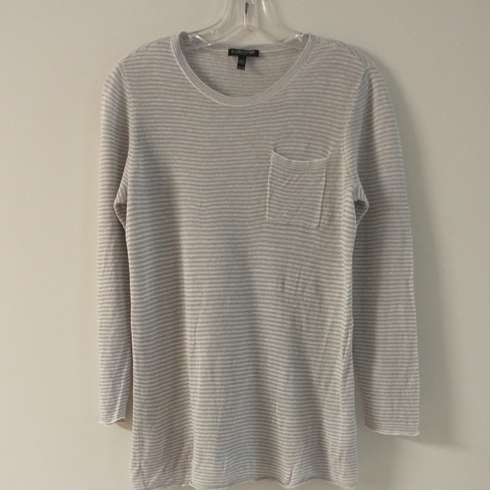 Eileen Fisher Organic Linen Gray Striped Long Sleeve Top Medium Petite
